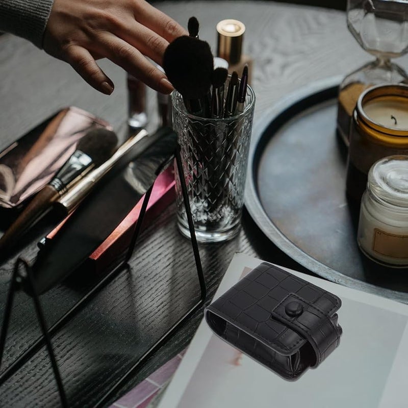 Black Leather Lipstick Bag With Mirror Portable Travel Cosmetic Case For Women - Image 3